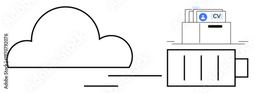 Cloud computing concept. Cloud system transferring data and automating resume processing. Cloud computing streamlining tasks and enhancing storage. Ideal for HR, data solutions, AI tools, automation