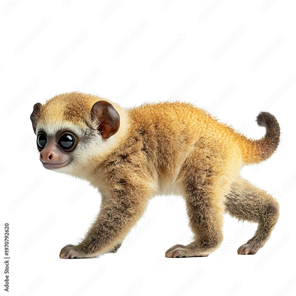 Fototapeta premium Extreme side view full body shot of Sunda slow loris walking isolated on a white background