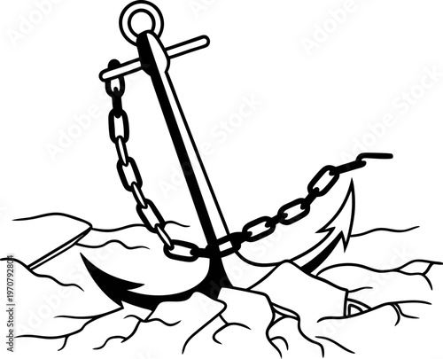 anchor resting on rocky seabed with chain attached, marine stability and nautical equipment concept