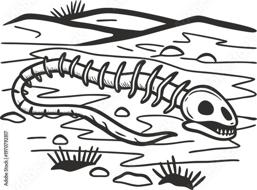 Snake skeleton in desert landscape reptile bones, arid environment, dry land, skull and vertebrae remains