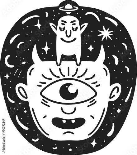 Cosmic cyclops face with devil horns and small alien figure wearing a hat in starry night sky