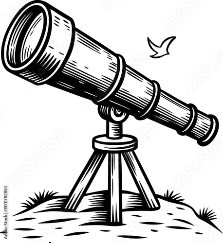 Vintage telescope on tripod outdoors with bird flying symbolizing exploration and discovery