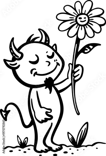 Cute devil character holding a smiling flower with closed eyes and content expression