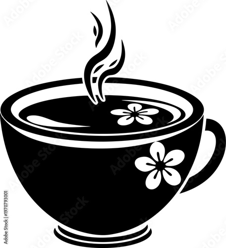steaming tea cup with floral decoration, hot beverage emblem, herbal infusion drink illustration