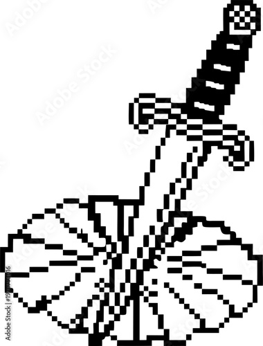 Pixel art sword stuck in stone with radiating lines, retro 8 bit game graphic element