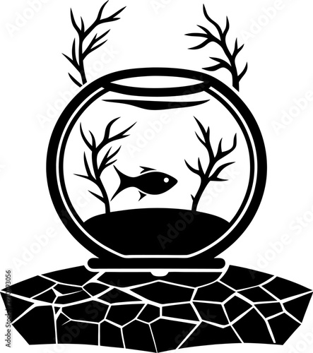 fish swimming inside round aquarium on cracked surface with aquatic plants