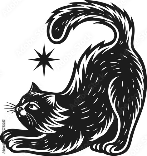 Black cat arched back with raised tail and star symbol, mystic feline silhouette design for halloween or superstition themes