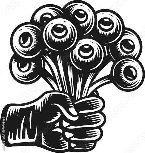 Hand holding a bouquet of eyeballs, surreal horror concept design in black and white illustration
