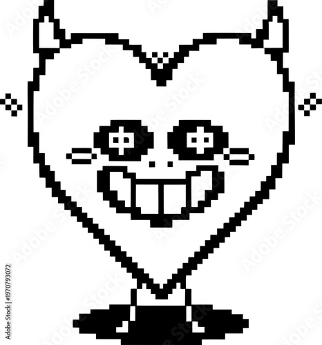 Pixel art heart character with devil horns smiling widely, retro 8 bit monochrome design