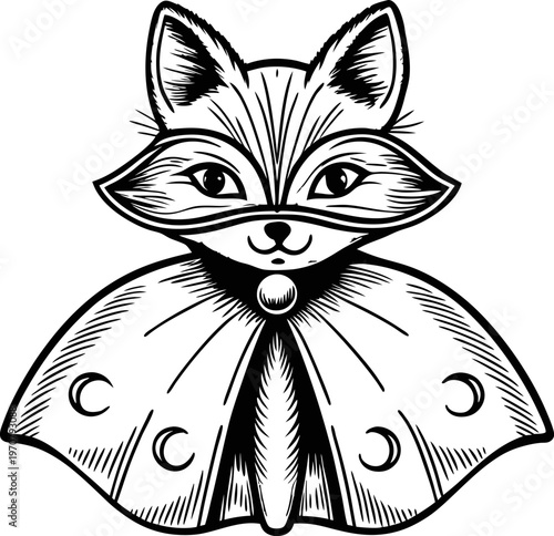 Black and white drawing of a fox wearing a butterfly costume with wings spread wide on a white background