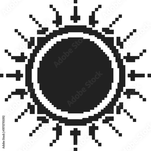 pixel art black sun with stylized rays, retro digital design, abstract cosmic symbol