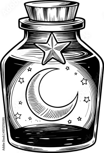 Glass bottle with crescent moon and stars engraved, vintage mystical magic jar with stopper and decorative star emblem