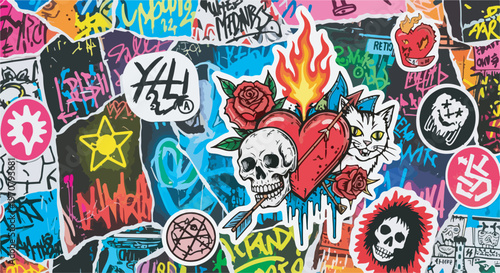Urban graffiti art with skulls, roses, and black cat stickers eps 10