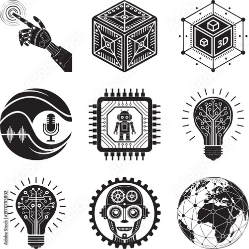 Robotic hand touching screen and tech including robot brain globe and lightbulb msea set innovation