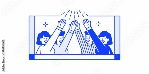 Team celebrating success with a high five inside a framed illustration