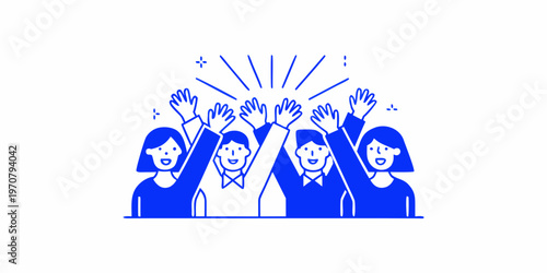 Celebrating team with raised hands a vibrant blue line art illustration