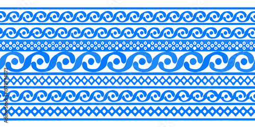Repeating blue wave and geometric pattern on a white background