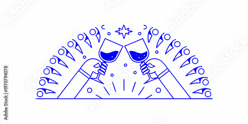 Two hands clinking wine glasses forming a sun like celebratory shape