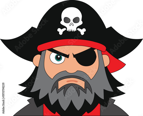 Cartoon pirate with skull hat and eye patch portrait closeup
