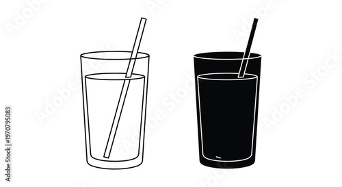 Two refreshing beverage glasses with drinking straws, presented as a minimalist vector graphic illustration, offering outline and filled design variations.
