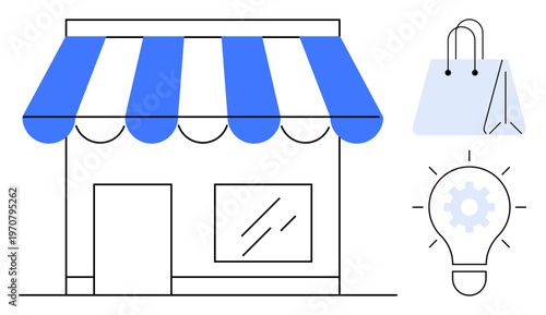 E-commerce, small business, retail solutions, innovation, store branding, entrepreneurship. Minimalist storefront with striped awning, shopping bag and gear-themed light bulb. E-commerce and small