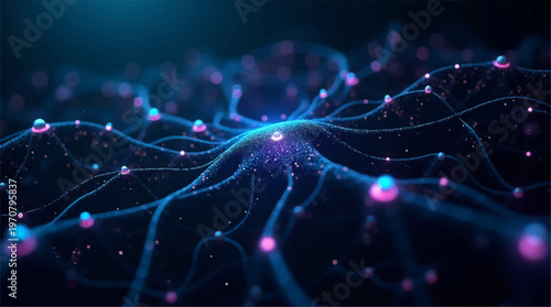 Futuristic neural network background with glowing nodes and digital connections technology concept.