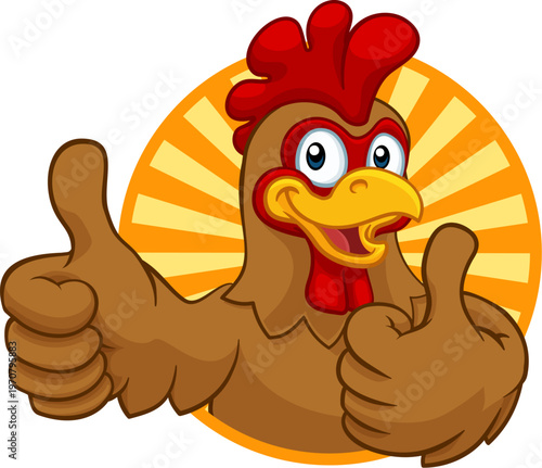 A chicken cartoon rooster cockerel character mascot giving a thumbs up.
