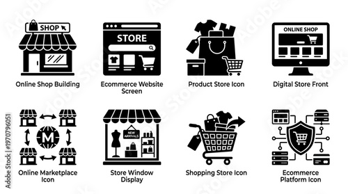 E‑Commerce Icons – Storefront, Website, Cart, Mobile Shopping