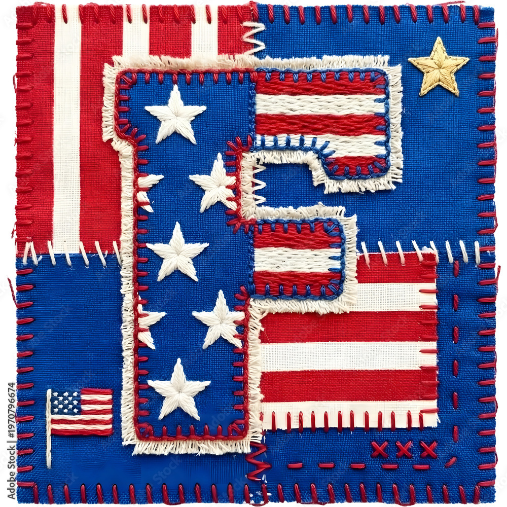Obraz premium Letter F patchwork PNG, Americana Quilt Fabric Alphabet, Patriotic isolated