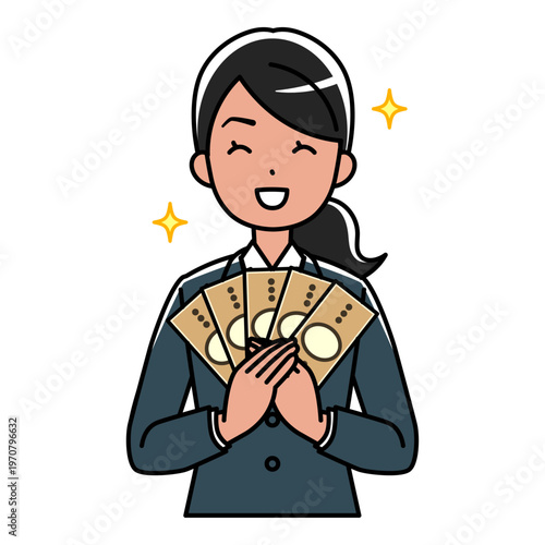 お札を持っている笑顔の外国人女性（スーツ姿）