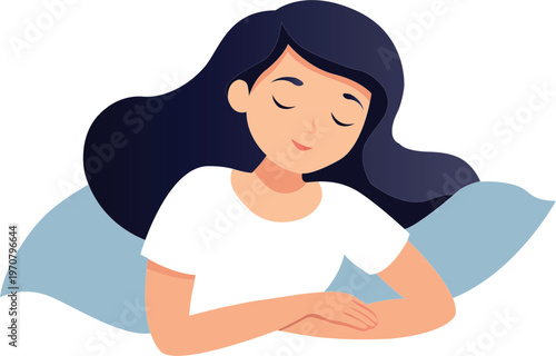 Cartoon woman sleeping on pillow with closed eyes smiling