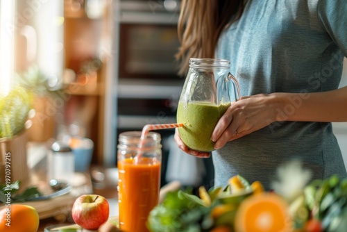 Healthy Lifestyle: Preparing Fresh Juices and Smoothies with Fruits and Vegetables in a Bright Kitchen Setting for Wellness and Nutrition. Generative AI