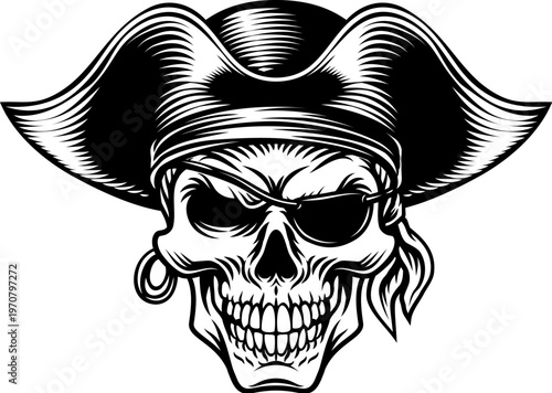 A pirate skull in a captain hat skeleton vintage woodcut style design