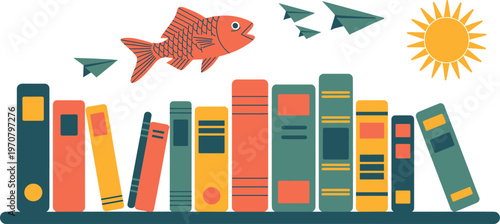 Colorful illustration of bookshelf with fish and sun