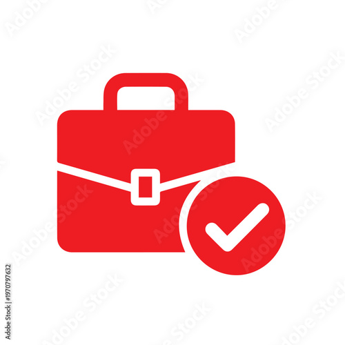 Red briefcase icon featuring a prominent checkmark symbol communicates a definitive agreement or successful business outcome.