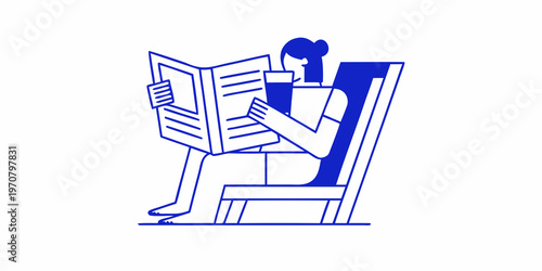 Woman reading a newspaper and drinking coffee in a chair