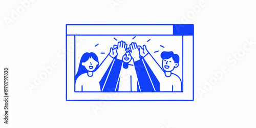 Team celebrating success with a high five inside a computer screen