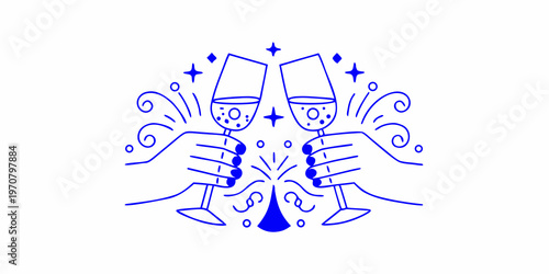 Two hands raise champagne flutes in a celebratory toast blue line art