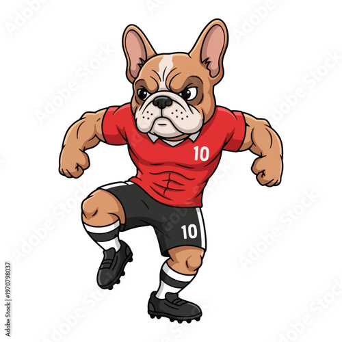 Strong french bulldog soccer player mascot in action, cartoon dog athlete in red uniform number 10, powerful puppy football character for team logo, kids sports design, isolated vector illustration