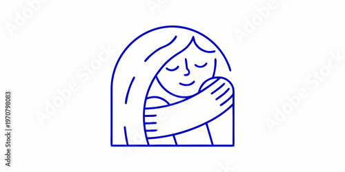 Simple line drawing of a woman embracing herself with closed eyes