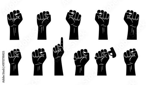 Power Fist Icon Collection – Raised Hand Silhouette Symbols of Unity and Resistance
