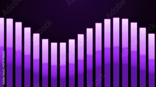 Abstract digital illustration of glowing vertical bars in shades of purple and violet, forming a rhythmic wave-like equalizer pattern against a dark minimalist background.
