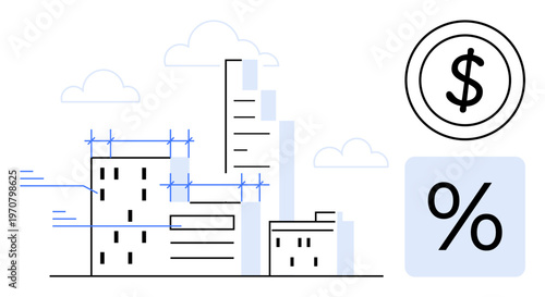 Urban planning, real estate, financial investment, property development, economic growth, business economy. Modern buildings, dollar symbol and percentage sign. Urban planning and real estate