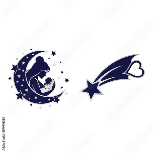 Free Download Dreamy Celestial Motherhood: Loving Mother and Baby on Moon with Stars, Plus Shooting Star Graphic - GFXLoad