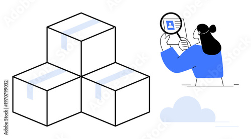 Logistic shipping concept. Logistic processes, identity verification, and package management illustrated with stacked boxes and a magnifying glass. Perfect for supply chain, e-commerce, transport
