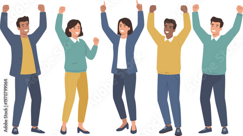 Vector illustration of a diverse team of professionals standing together and celebrating success in a flat modern style.