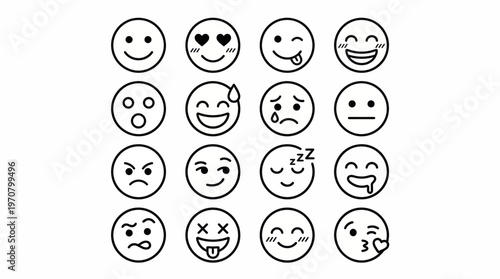 Vector emoji face icons set circular expressions smile wink tongue heart eyes star eyes cry sad angry cool goofy minimalist design communication illustration