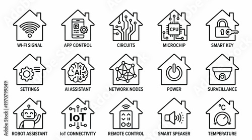 Vector smart home icons set line style technology automation IoT connectivity AI security devices Wi-Fi smartphone chip gear speaker robot minimalist design illustration