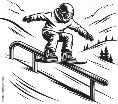 snowboarder doing a rail trick on a snowy mountain landscape A black and white illustration
