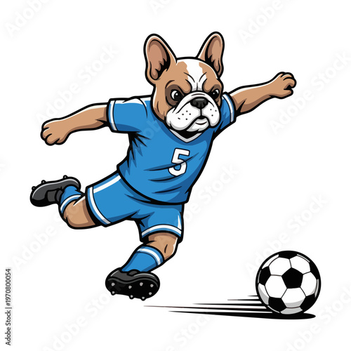 French bulldog soccer player kicking ball in action, cartoon dog mascot athlete in blue uniform number 5, energetic puppy football character for team logo, kids sports design, isolated vector 